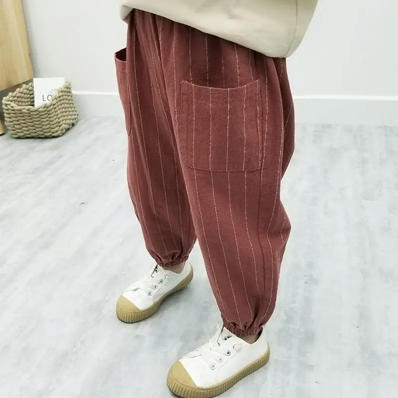 Boys Pants Boys Clothing Summer New Loose Striped Printed Kids Cotton Flax Fashion Casual Spliced Pocket Elastic Waist Harlan Pants