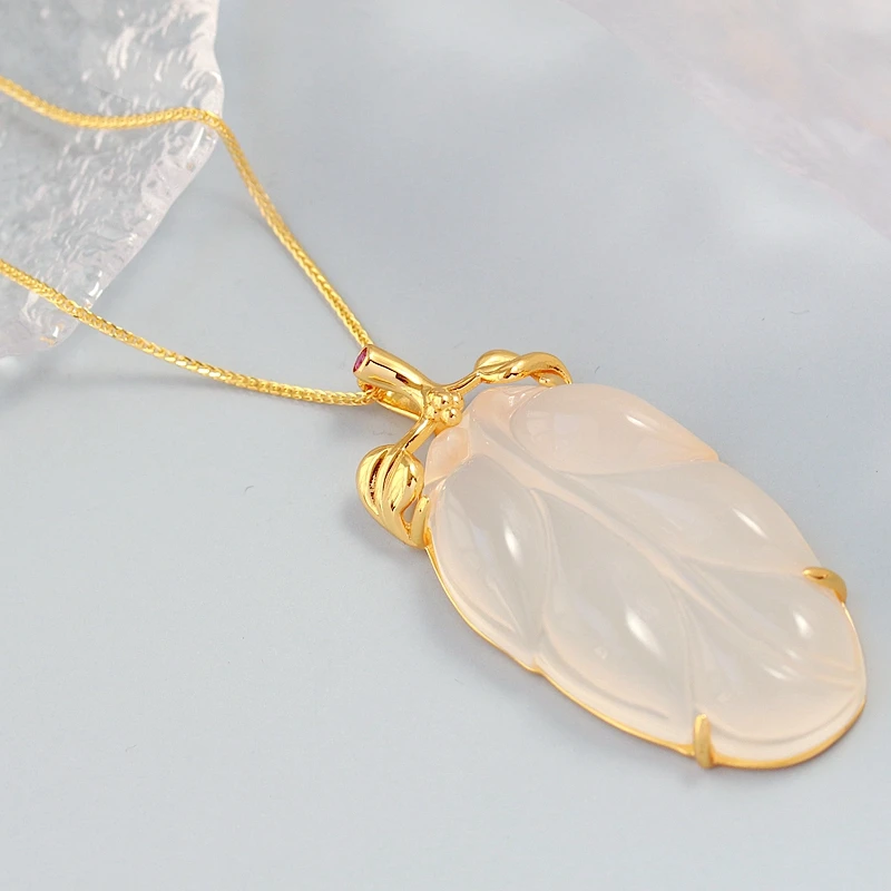 

Authentic 925 Sterling Silver Inlaid Natural Chalcedony Tree leaf National Style Gold Plated Pendant Female Trendy Jewelry Gift