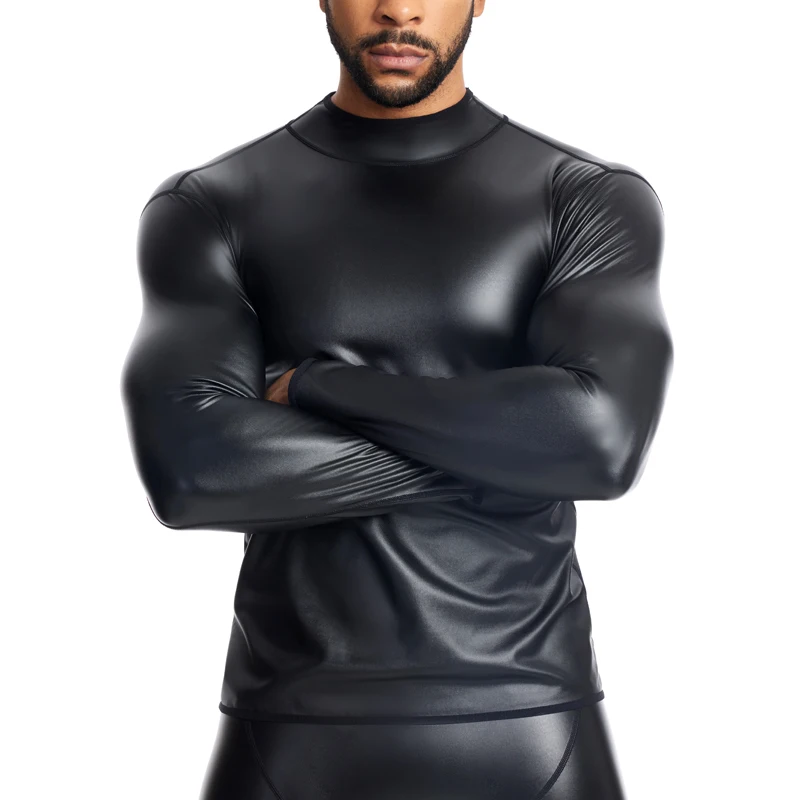 Leather TShirt Body Shaper Waist Trainer Men Stand Collar Long Sleeve Underwear Muscle Shaper