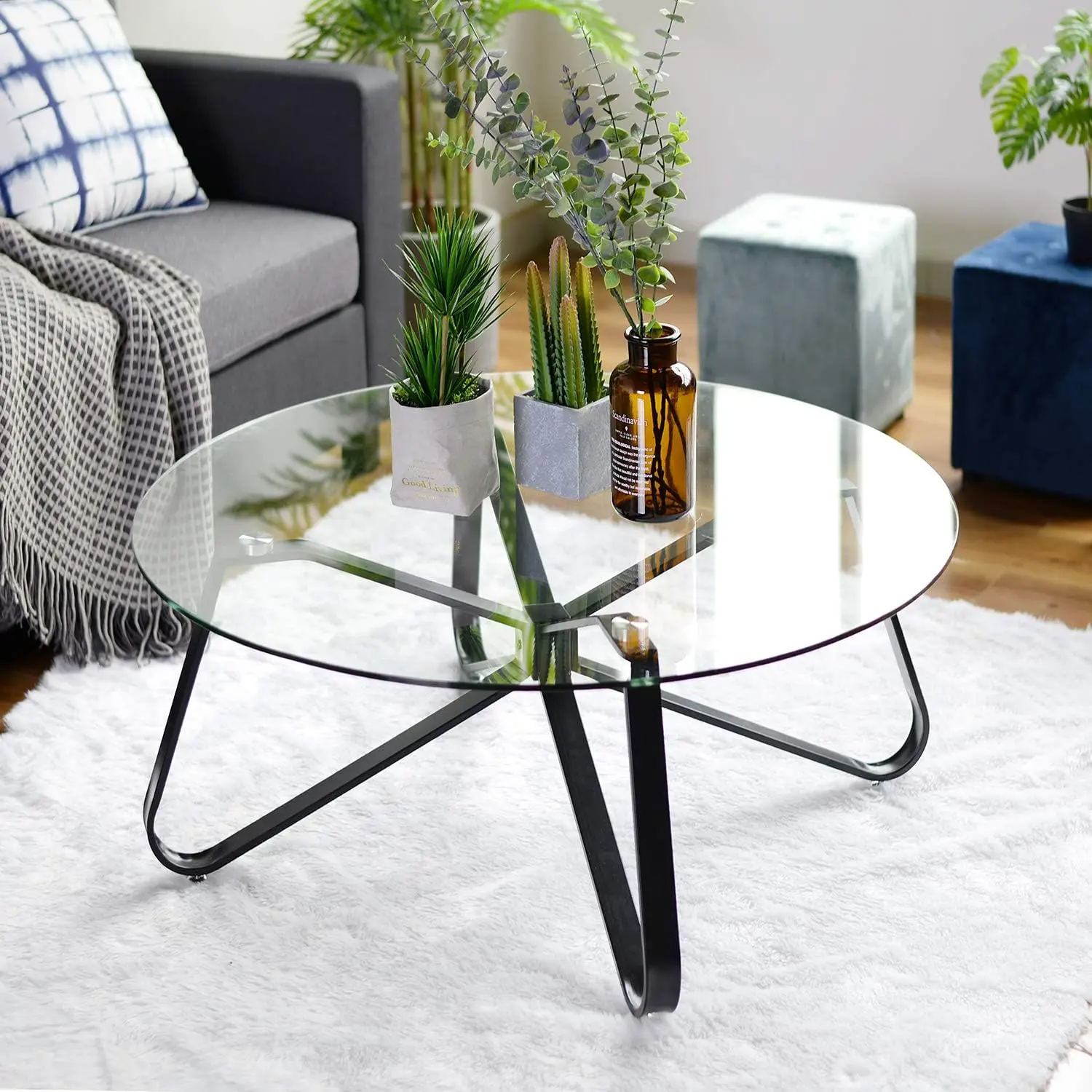 

Tempered Glass Coffee Table, D31.5 inches Center Tea Sofa Table for Living Room, Home Office, Scandinavian Design with Metal Ste