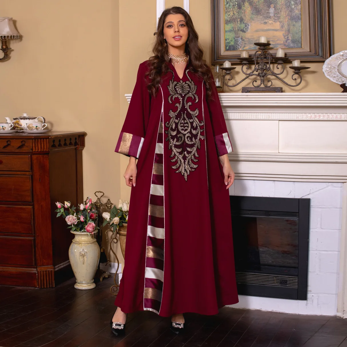 

Muslim women's dress Middle Eastern pearl fashion embroidered robe dress