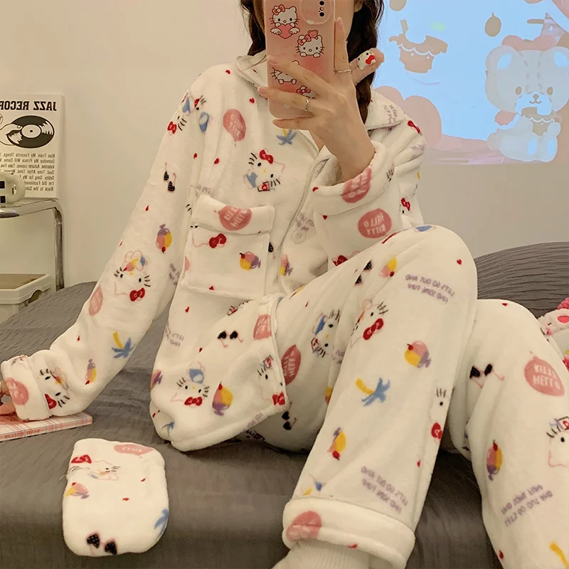 

Sanrio Kawaii KTCat Women Winter Warm Flannel Pajamas Thick Coral Velvet Long Sleeve Cartoon Sleepwear Kawaii Home Suit Coat