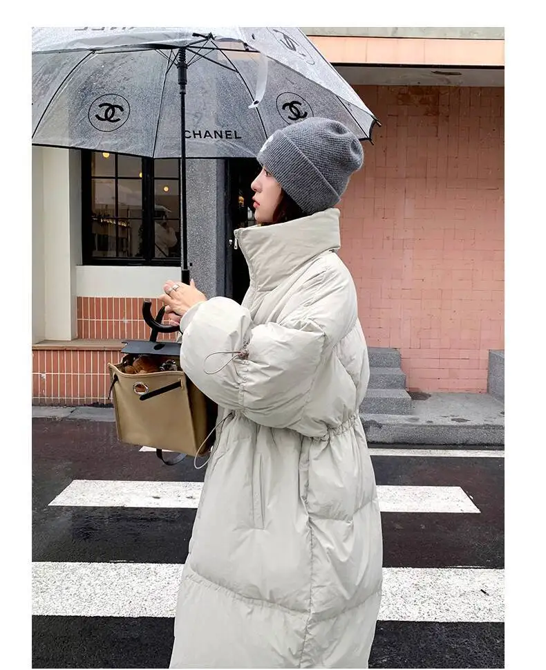 LANMREM Drawstring Waist Slimming Design Women's Long Down Jacket Lapel Loose Oversized Long Sleeve Grey Warm Jackets 2DB5955