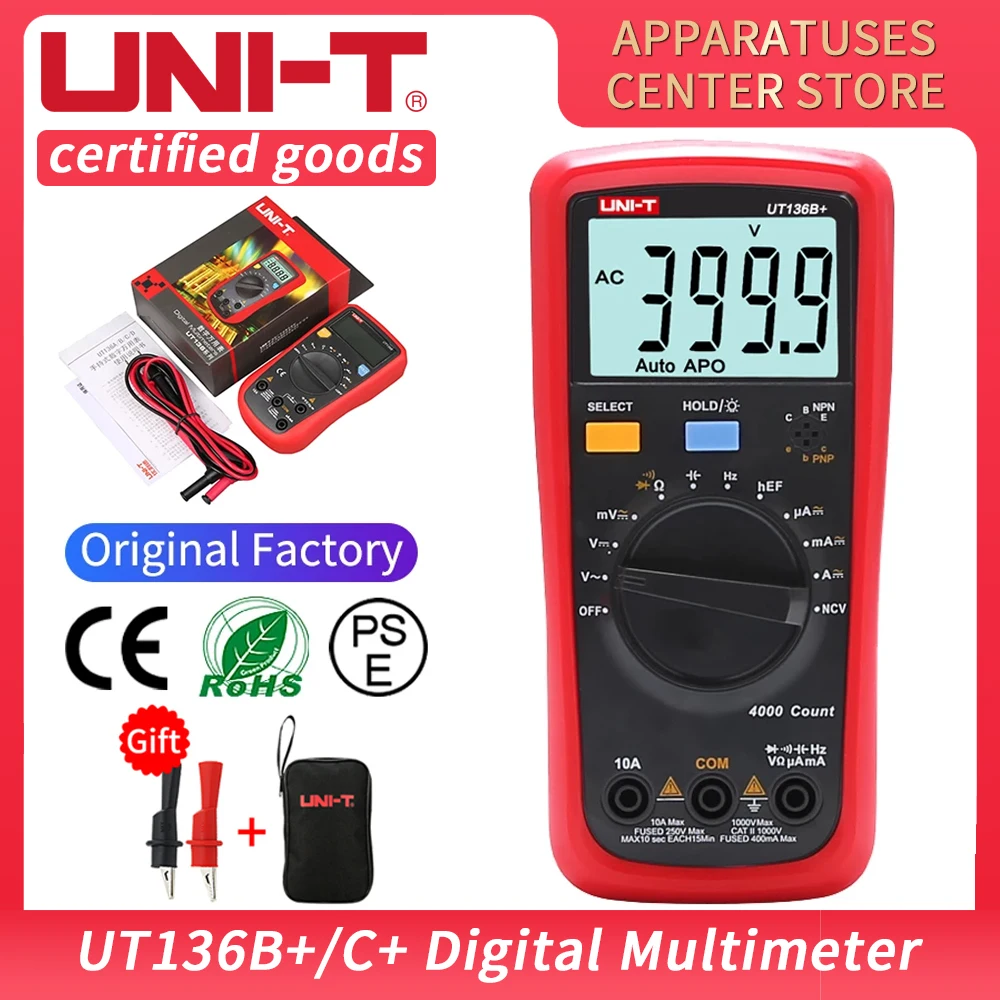 

UNI-T UT136B + UT136C + мультиметр Цифровой мультиметр тестер AC DC Вольтметр Амперметр Ом Емкость HFE тестер диодов/транзисторов