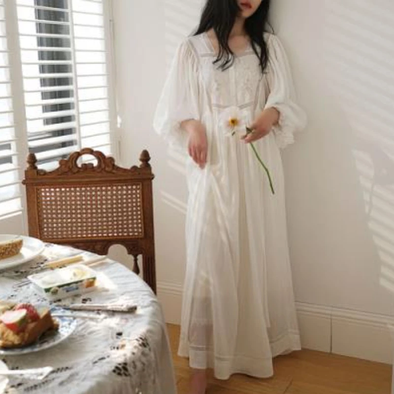 Vintage Embroidered Cotton Nightgowns Women Spring Autumn Princess Sleepwear Lace Peignoir Nightwear Victorian Long Night Dress images - 6