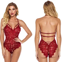 Sexy Bodysuit Lingerie For Women Lace Erotic Babydoll Bodysuit Red Crotchless Erotic Dress For Sex Lenceria Costumes