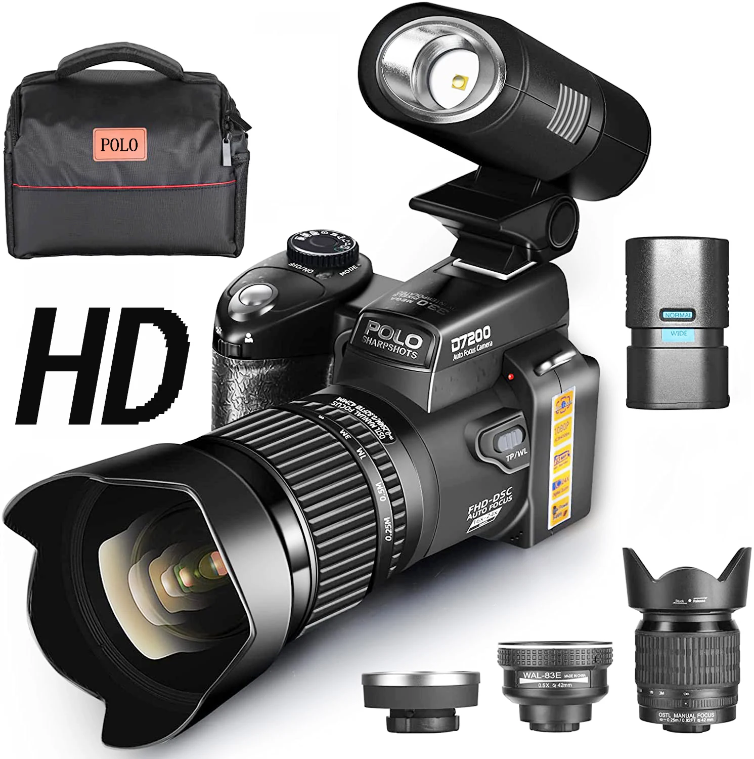 ELRVIKE 2024 디지털 카메라, HD 폴로 D7200, 33 만 화소, 자동 초점 전문 DSLR 비디오 카메라, 24X 광학 줌, 3 렌즈 