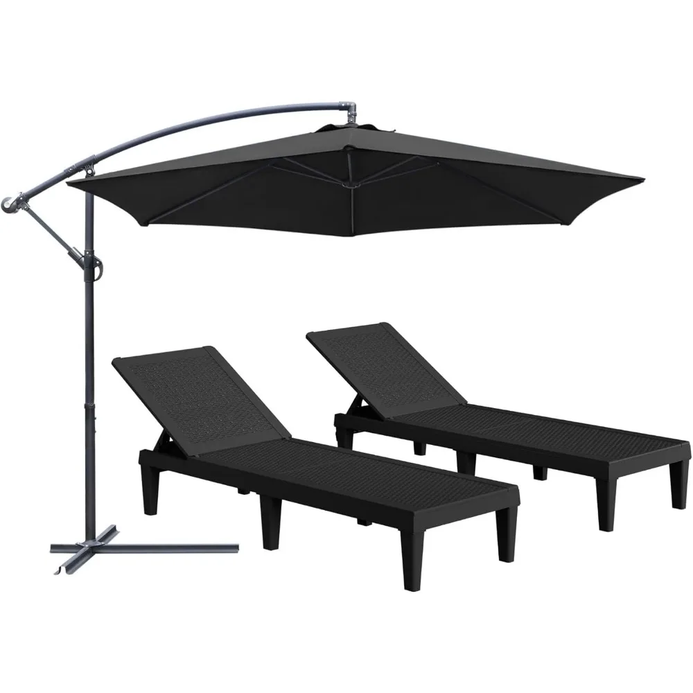Outdoor Patio Chaise Chair (Set of 2) with 10FT Umbrellas, 5-Position Waterproof Sun Lounger, for Pool, Garden, Black 6