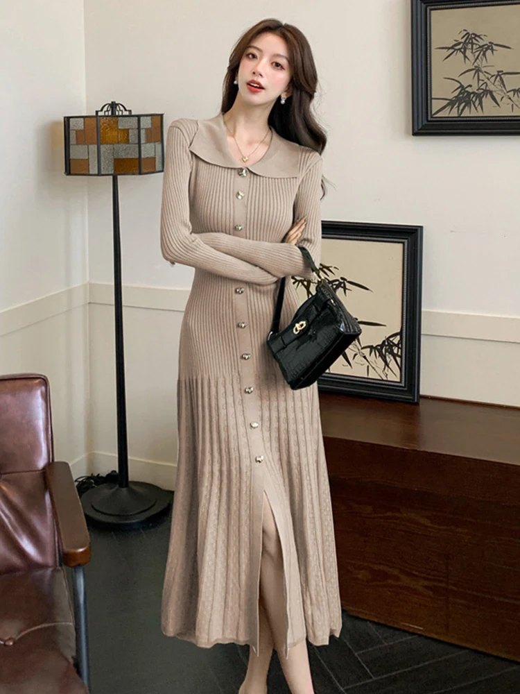 Vestiti delle donne Lavorato a maglia Risvolto Monopetto Skinny Fishtail Abito lungo Maglione Casual Elastico Robe Mujer Abiti Autunno Inverno 6