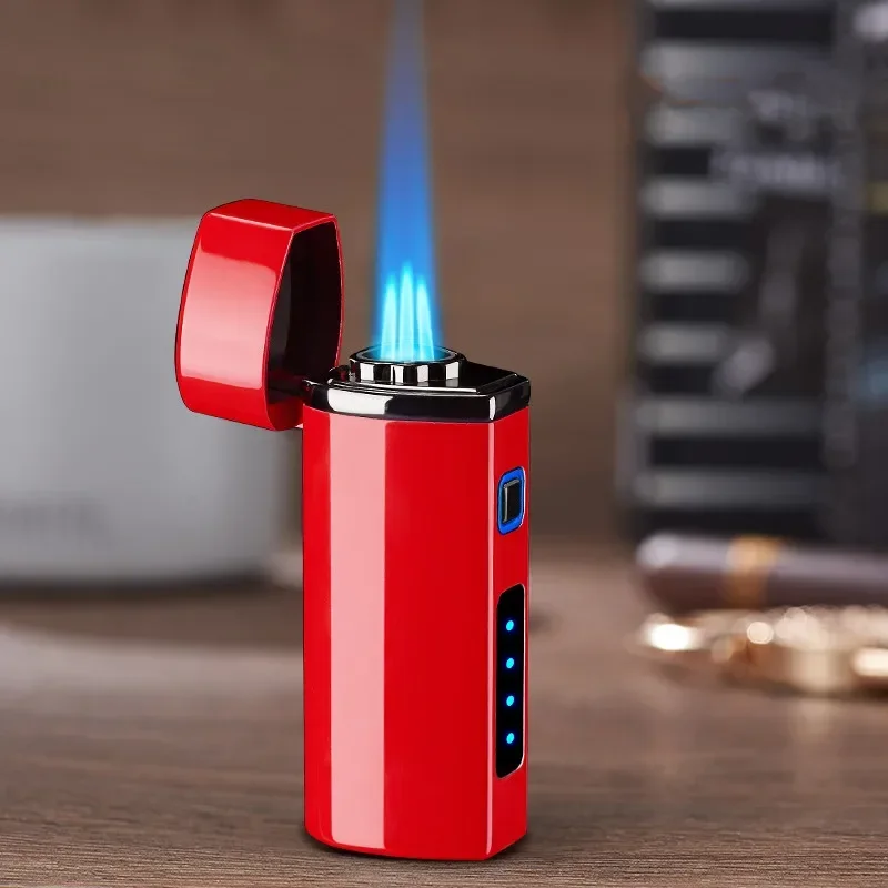 Butane Gas Lighter Electric Arc Igniter Touch Sensing Metal Outdoor Windproof USB Lighter Turbo Three Torch Blue Flame Jet Cigar Tool