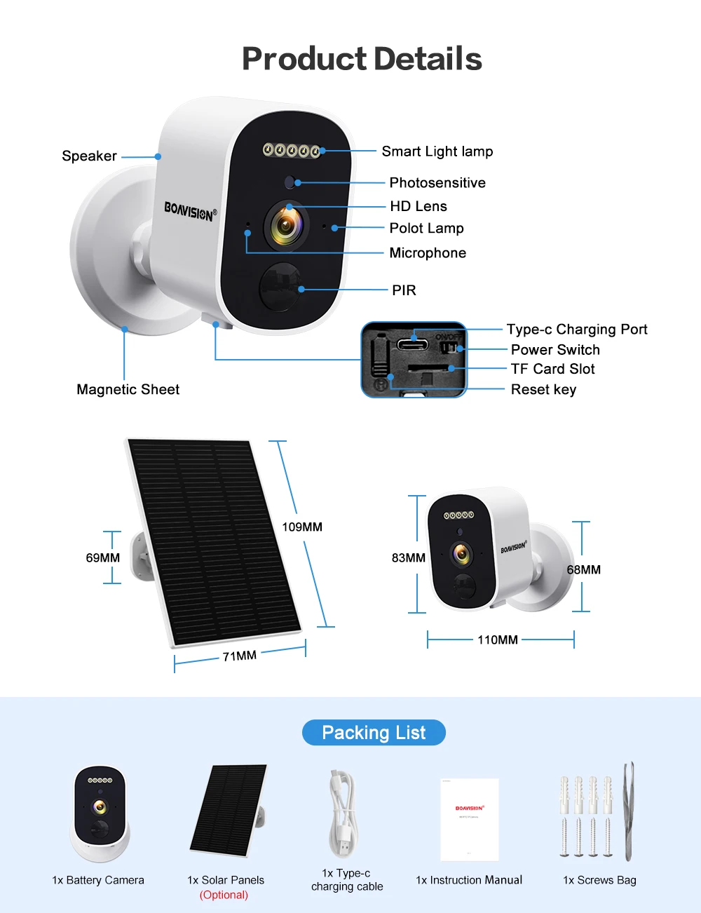 2K 3MP FHD WIFI Solar Panel Camera built-in 2*18650 Battery Color Night Vision Magnetic Base Two Way Audio Security Camera 6