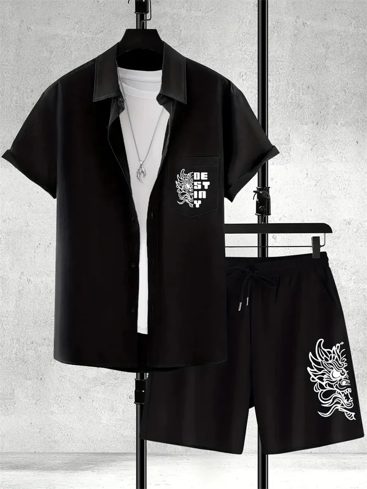 New Men's Short-Sleeved Shirt And Shorts Two-Piece Set Beach Hawaiian Style Summer Single-Breasted Shirt T-Shirt Sportswear Suit 3