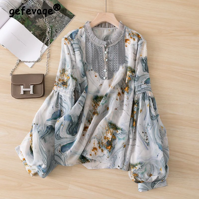 

Vintage Print Chic Embroidery Ruffled Lantern Long Sleeve Shirt Spring New Elegant Fashion Loose Top Blouse Blusas De Mujer 2023