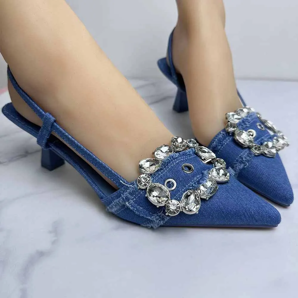 

New 2024 Women's Shoes Fashion Temperament Joker Sea Blue Belt Buckle Cowboy Rhinestone Dew With High Heels Pointed Sandals.