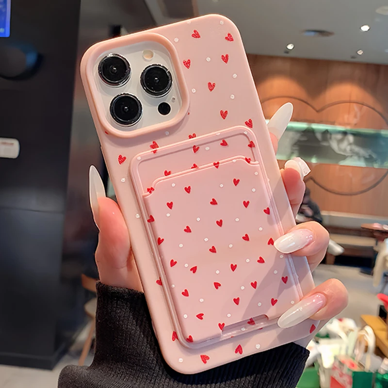 Card Slot Pocket Phone Case with Love Heart Pattern - Shockproof Soft Silicone Cover