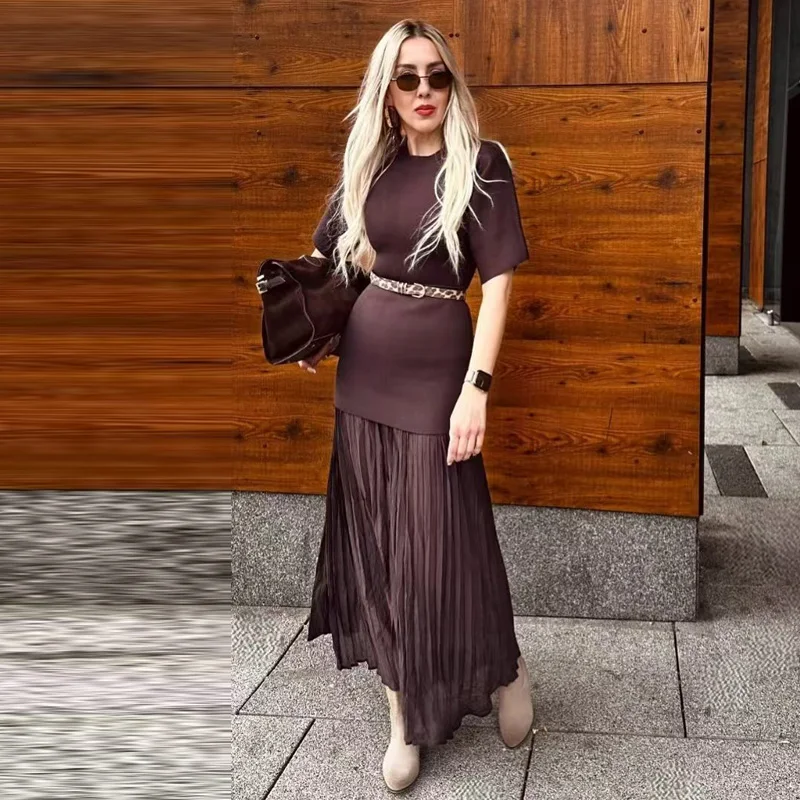 فستان نسائي بني مطوي من TRAF 2025، فستان صيفي كاجو...