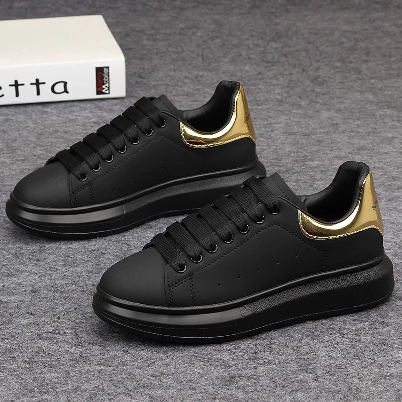 Fashionable casual shoes for couples, black and gold leather sneakers, outdoor tennis sneakers, luxury brand sneakers