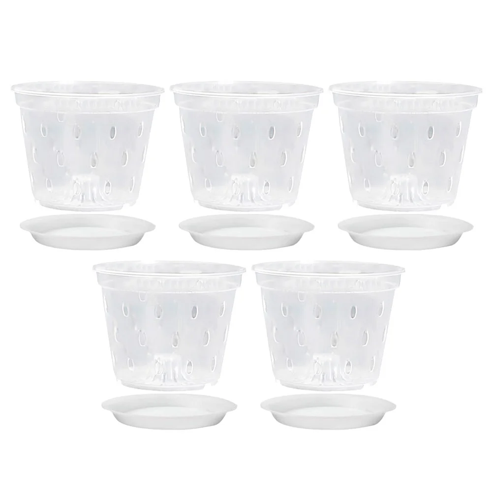 

5 Sets of Clear Orchid Pots Breathable Slotted Orchid Planter Outdoor Flower Plant Container with Saucers