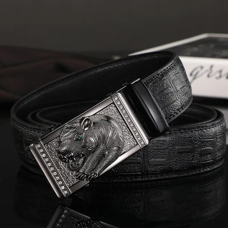 New High-Quality Extended 160cm Bear Head Belt Genuine Leather Men'S Tiger Head Automatic Buckle Stone Pattern Black Waistband