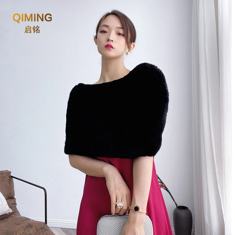 Fur Shawl Cape Real Rex Rabbit Fur Scarf Winter Warm Party Elastic Knitted Pullover Wrap Shoulder Neck Scarf Womens Scarves