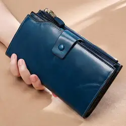 Luxury Genuine Leather Women's RFID Blocking Wallet - Elegant Long Purse with Oil Wax Finish and Coin Holder (Blue)