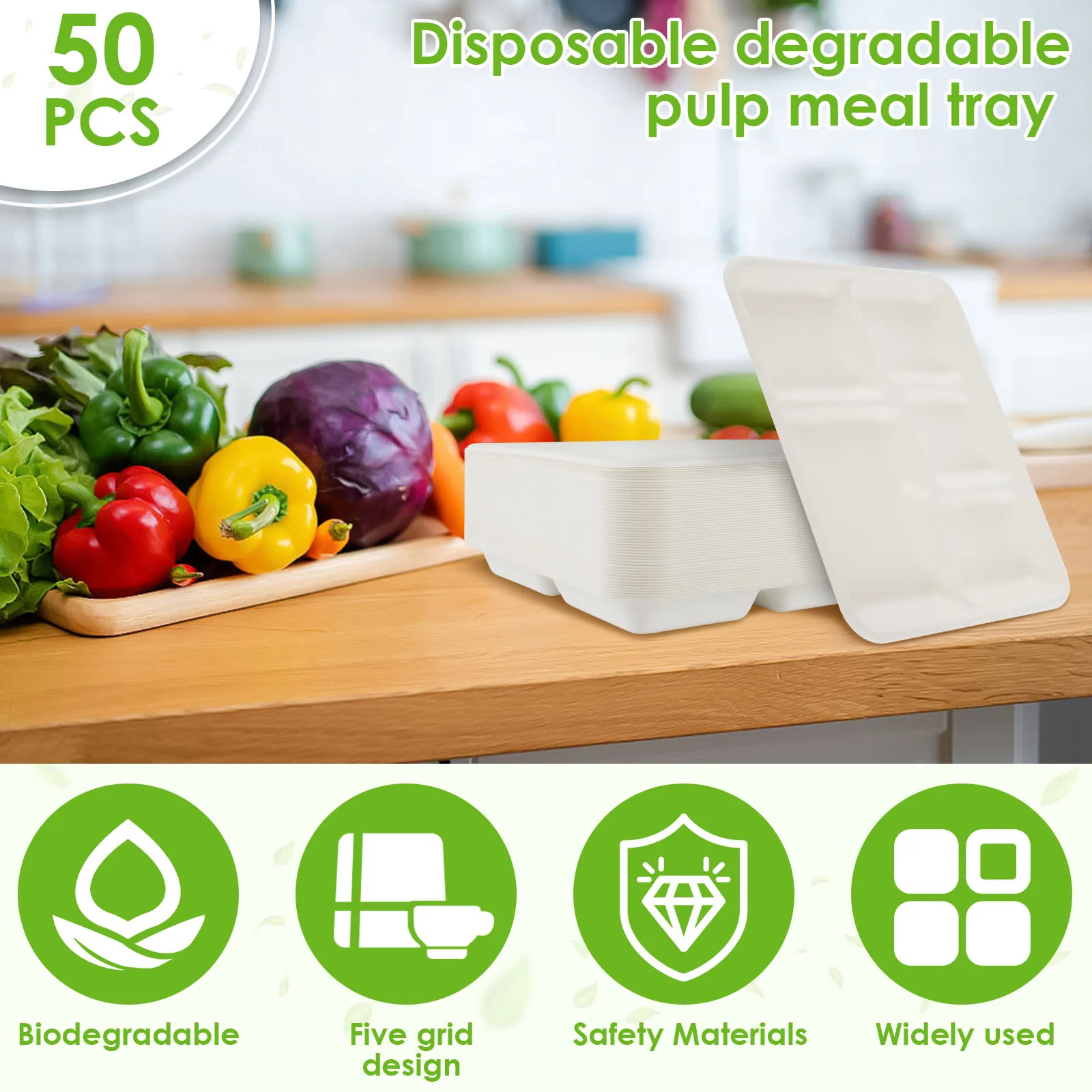 50Pcs Sugarcane Plate 5 Compartments Paper Plate Eco-friendly Compostable Compostable Paper Plates for Party Dinner