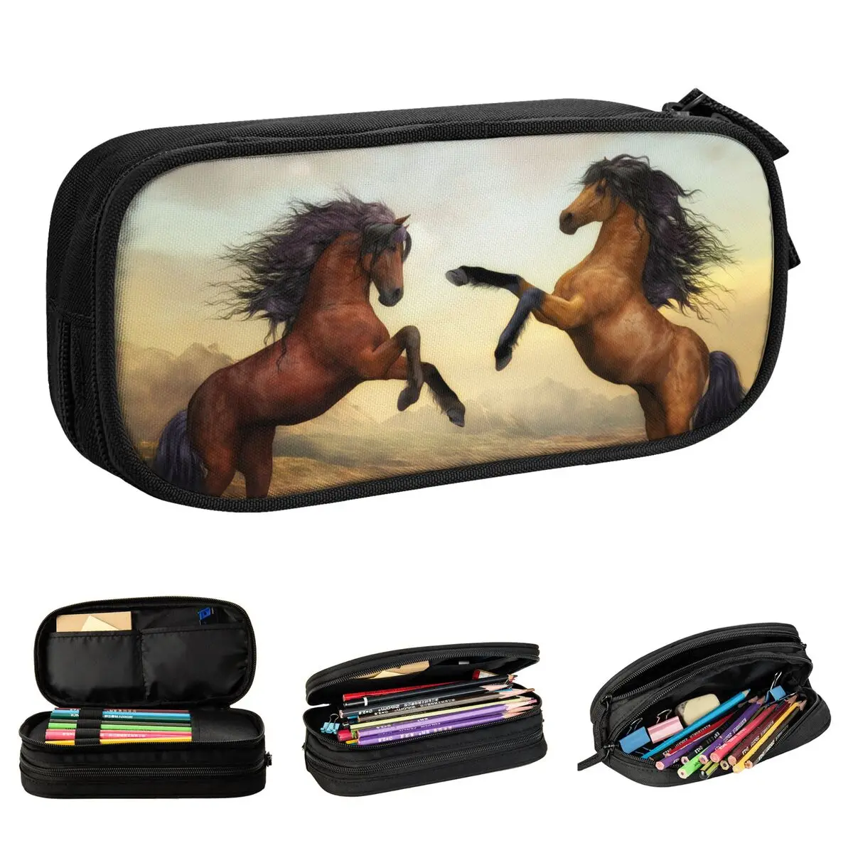 

Brown Horse Pencil Cases Galloping Animal Lovers Pen Bags Girls Boys Large Storage Students School Zipper Pencilcases