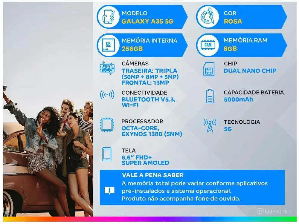 Smartphone Samsung Galaxy A35 256GB Rosa 5G 8GB RAM 6,6" Câm. Tripla + Selfie 13 MP Dual Chip 2