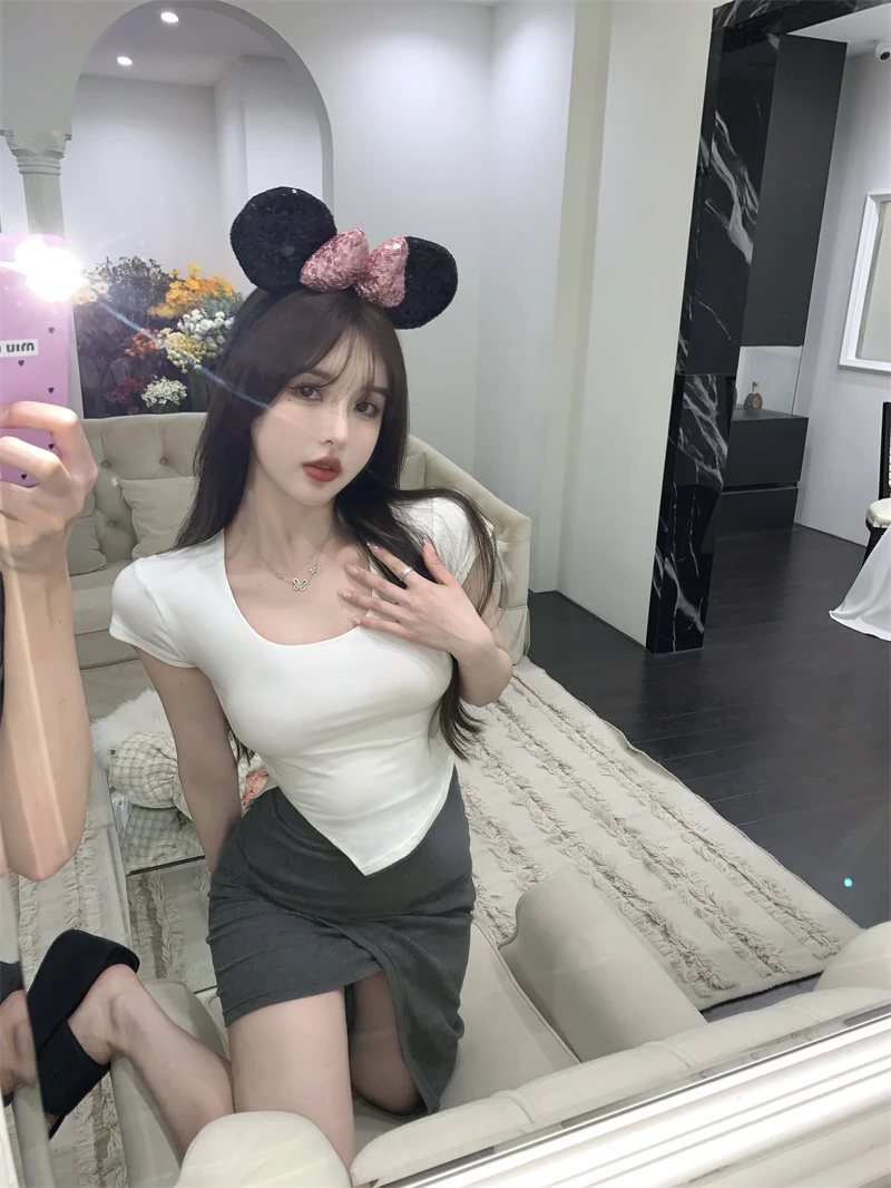 Summer Korean Fashion Y2K T-shirt Woman Japane Crop Top U-neck Split Sexy Red Pink White Tee Shirt Women Vintage767_voghion.com