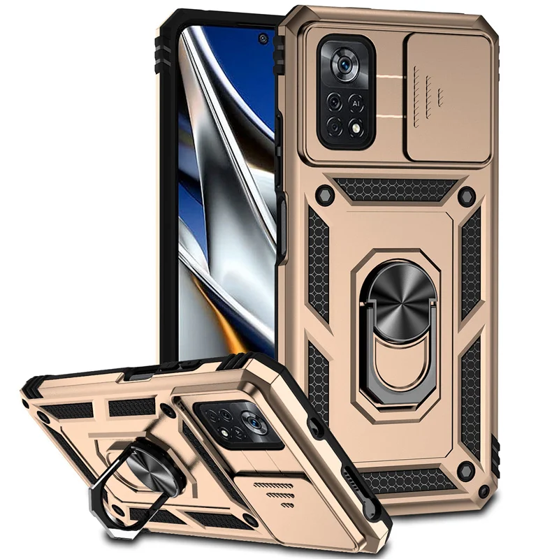Enhanced Armor Case with Slide Window Lens Protector and Magnetic Holder Ring for Xiaomi Poco X4 Pro 5G