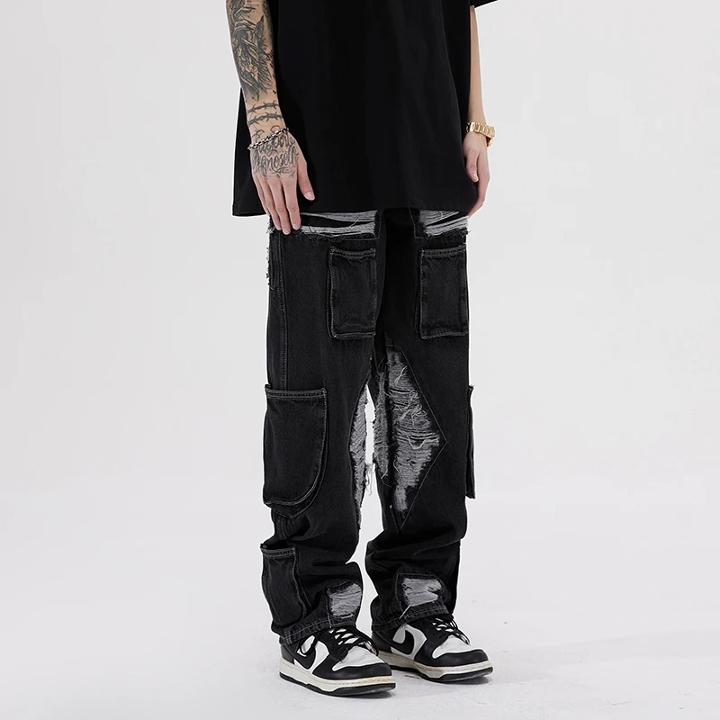 

Trendy brand design sense washed straight jeans men's multi-pocket all-match casual pants