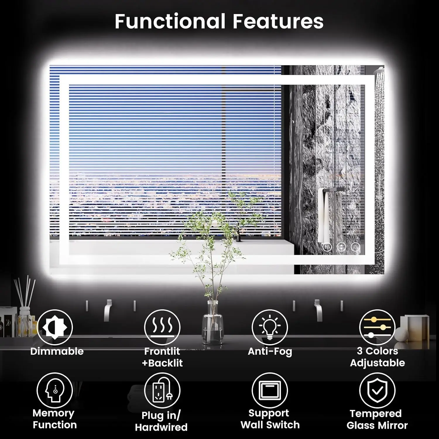 48X30 LED Bathroom Mirror with Lights, Anti-Fog, Backlit + Front Lit, Lighted Bathroom Vanity Mirror for Wall, Memory Function,