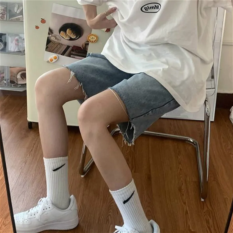 Casual Hole Denim Shorts Straight High Waist Harajuku Chic Couple Short Trousers Korean Fashion Unisex Summer Women's Clothing