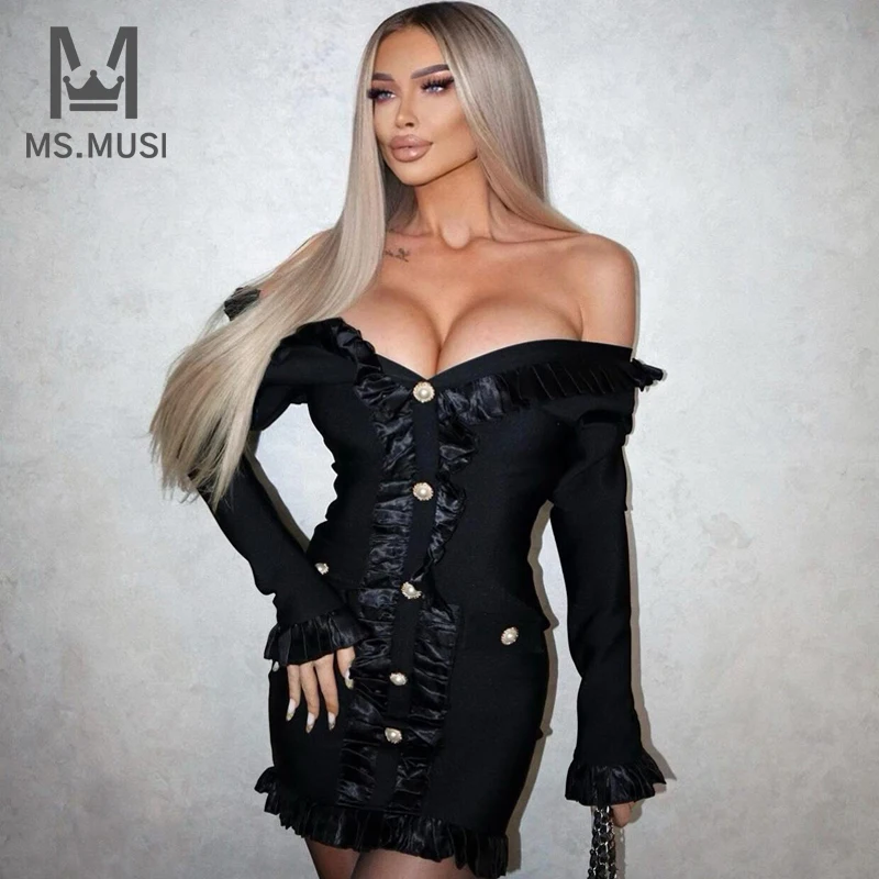 

MSMUSI 2022 New Fashion Women Sexy V Neck Lace Button Long Sleeve Ruffles Backless Flounce Bandage Bodycon Party Club Mini Dress