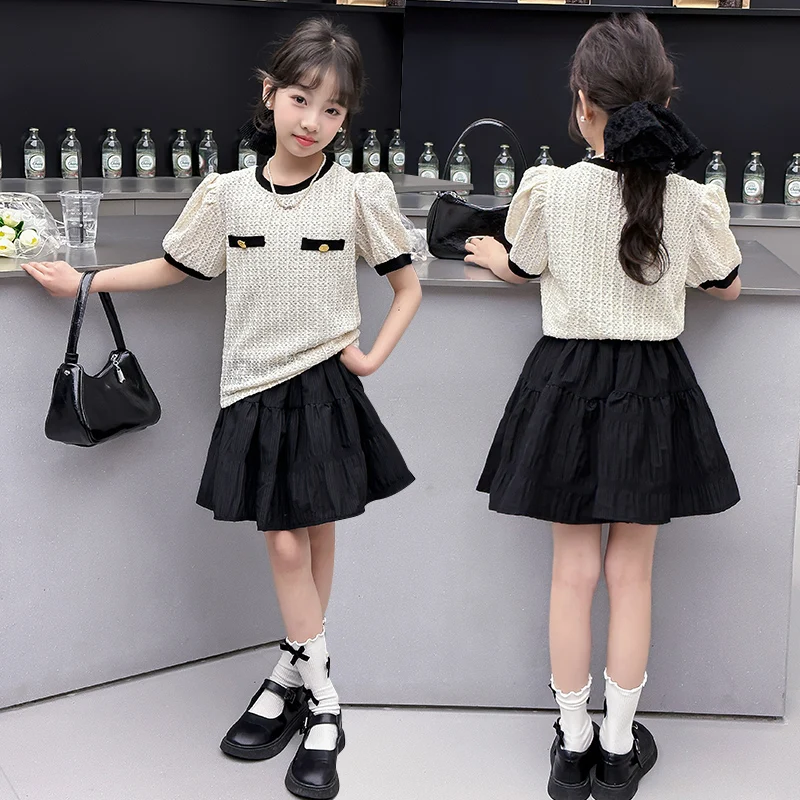 

French design teenage girls clothes skirt sets contrasting color collar bubble sleeve shirt+skirt 2pcs kids suit child outfits