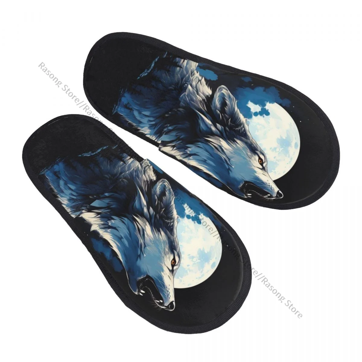 

Plush Indoor Slippers Wolf Howling At Night Warm Soft Shoes Home Footwear Autumn Winter