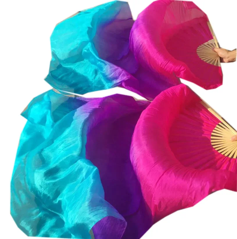 

Children Adults Hand Made Real Silk Veils Bamboo Flame Belly Dance Long Folding Fan Veil Art Colorful Purple Pink 120cm 180cm