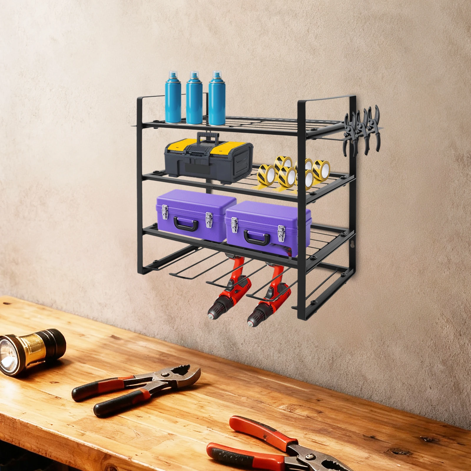 Black Carbon Steel 40x20x39cm Tool Storage Rack 4-story Wall-mounted ...