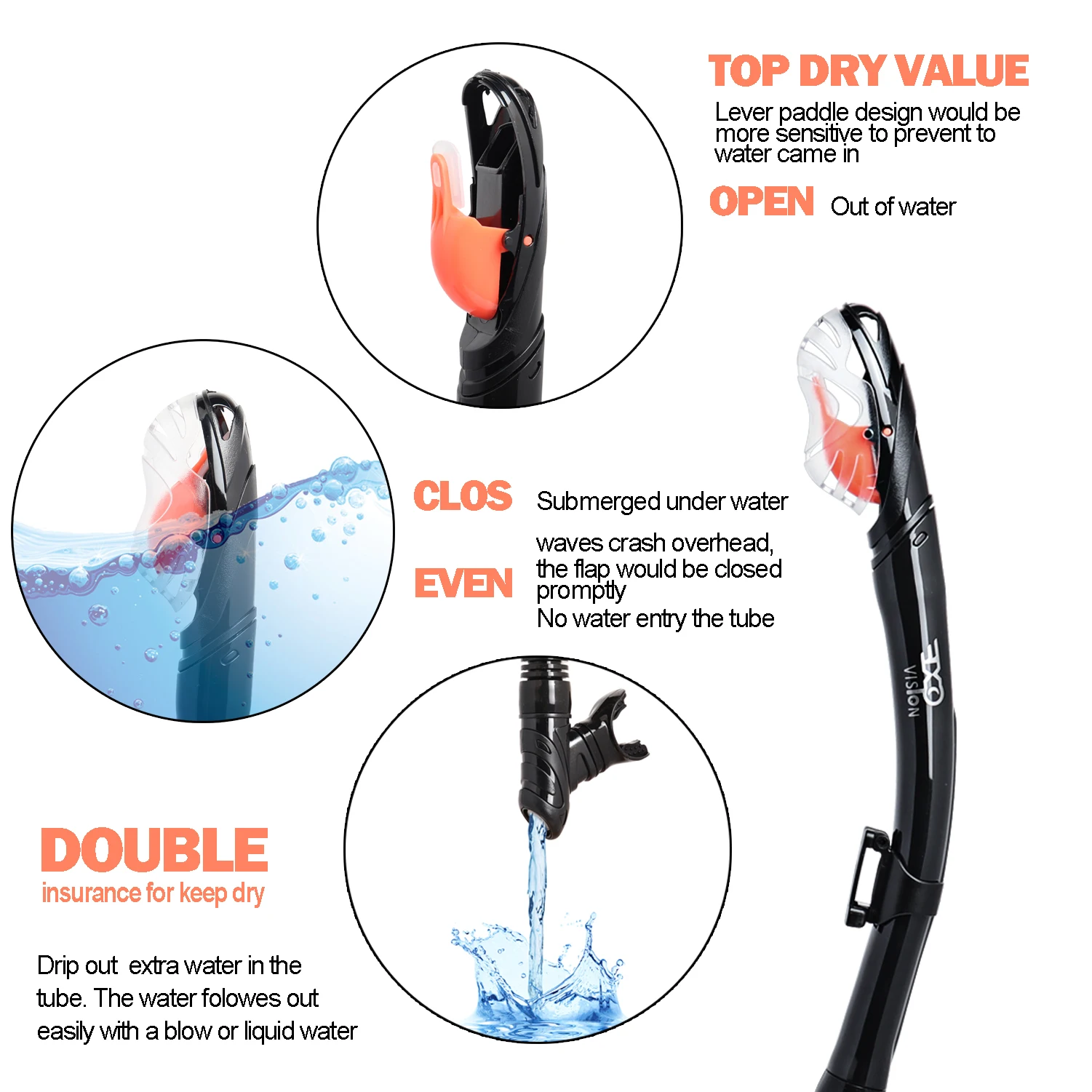 EXP VISION Dry Snorkel, Adult Dive Snorkel Free Breath Diving Snorkel Tube Food-Grade Silicone Mouthpiece Snorkeling Gear 2
