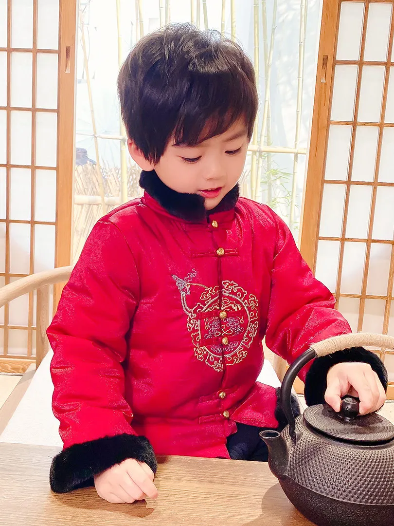 

Children Chinese Lovely Embroider Winter New Boys One Full Year Of Life Dress Kids Long Sleeve Thick And Quilted Han Fu