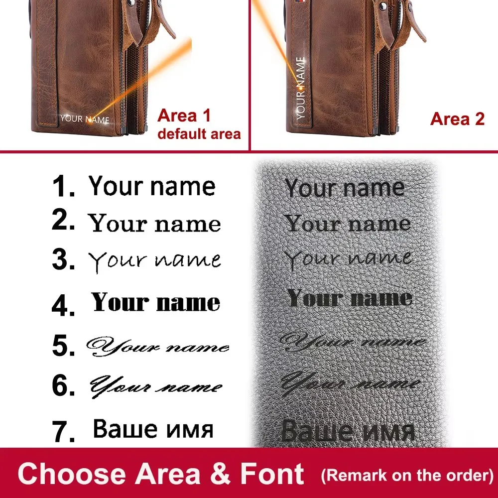 Genuine Leather RFID Card Holder & Coin Purse with Name Engraving - Short Style, Double Zipper, Unisex Design