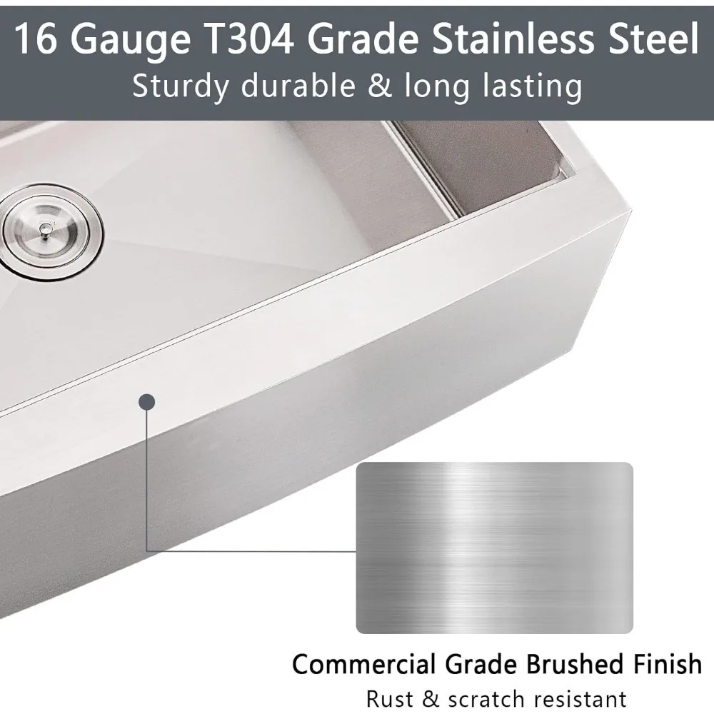 33 Inch Farmhouse Sink 16 Gauge Stainless Steel Workstation Ledge Deep Single Bowl Farm Sink with Accessories 5