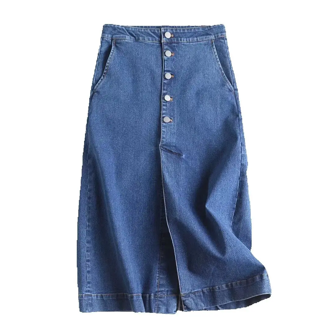 

Женская летняя джинсовая юбка на пуговицах с разрезом и высокой талией