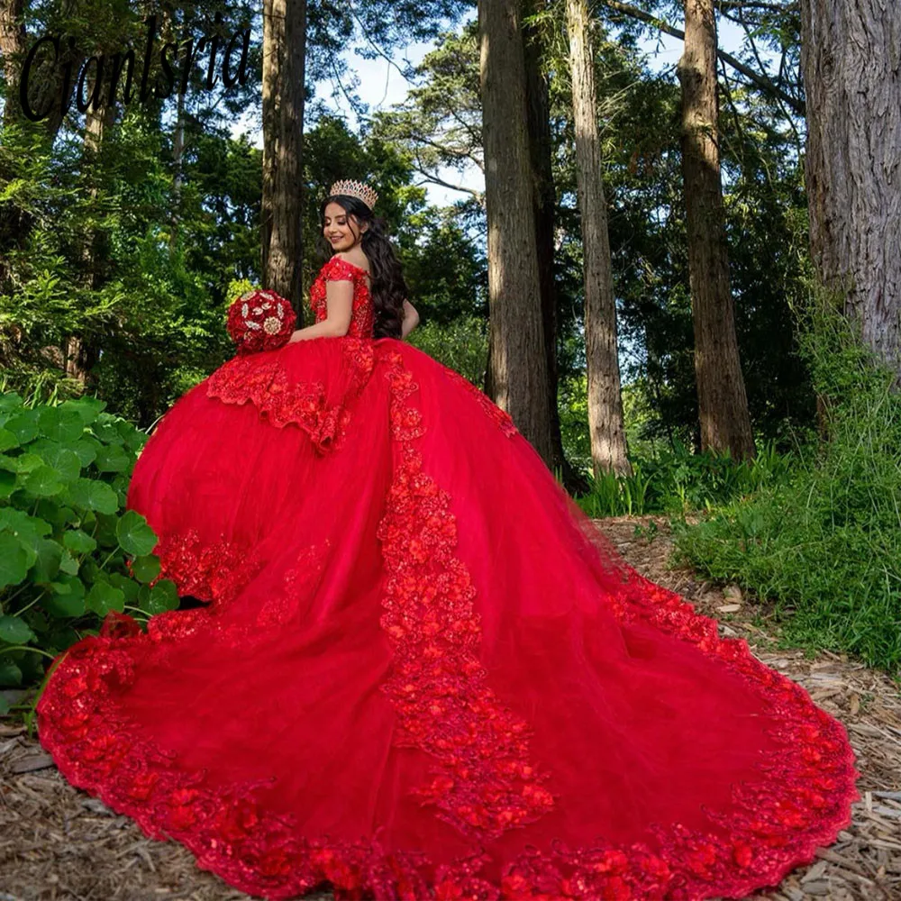 

Red Off The Shoulder Ball Gown Beaded Sequined Quinceanera Dress Princess Sweet 16 15 Year Girl Party Dresses