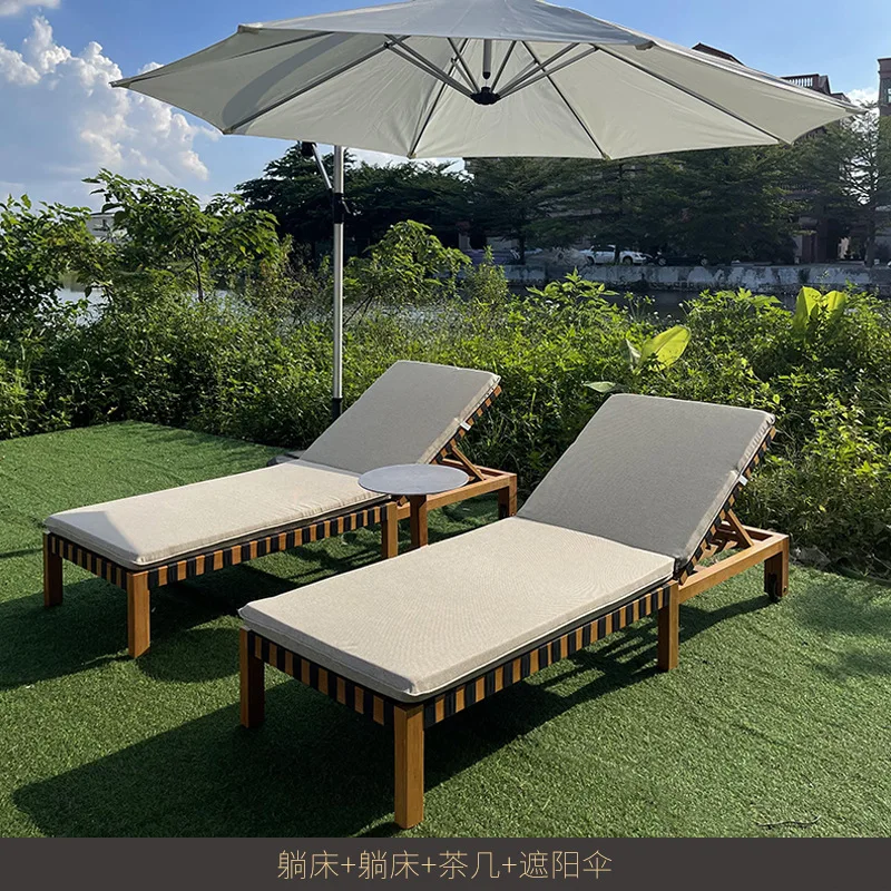 

Outdoor beach swimming pool leisure recliner outdoor garden courtyard solid wood chair waterproof sunscreen coffee table bed