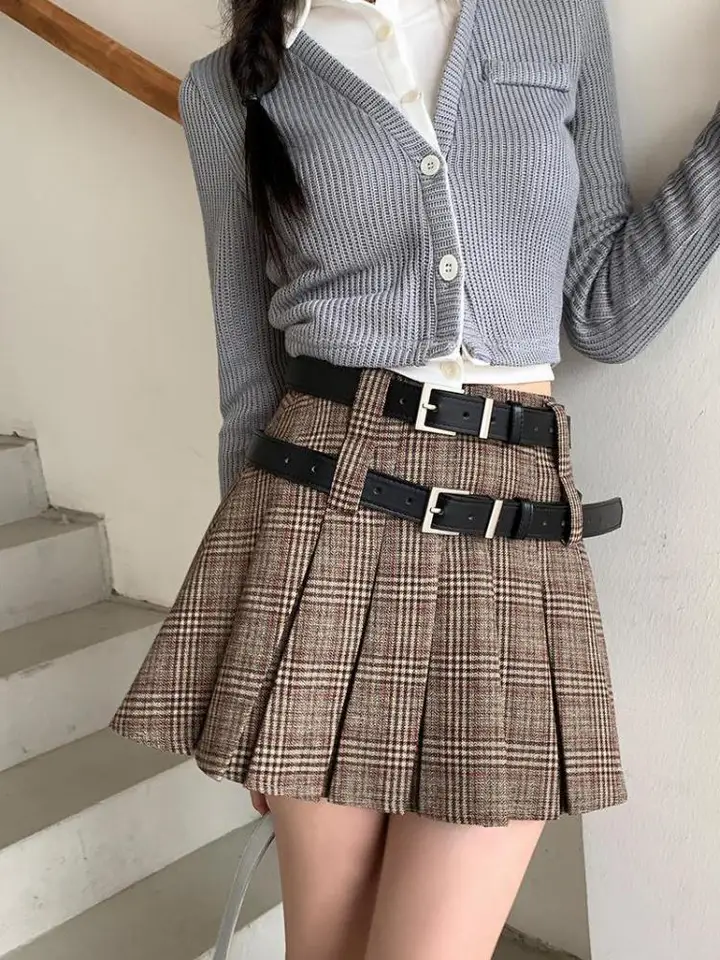 Women Vintage Elegant Brown Pleated Plaid Party Short Skirts