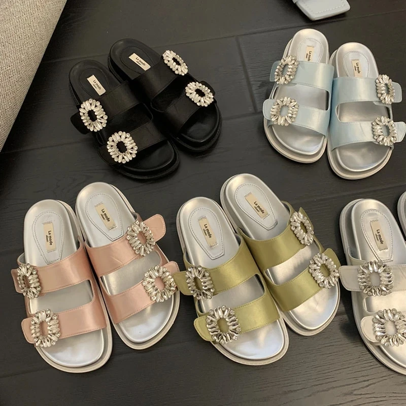 

New Girls Casual Black/Silver/Pink Rivets/Pearls/Diamond Cage Cuts Out Crystal Bling Bling Flat Slide Beach Sandals Platform