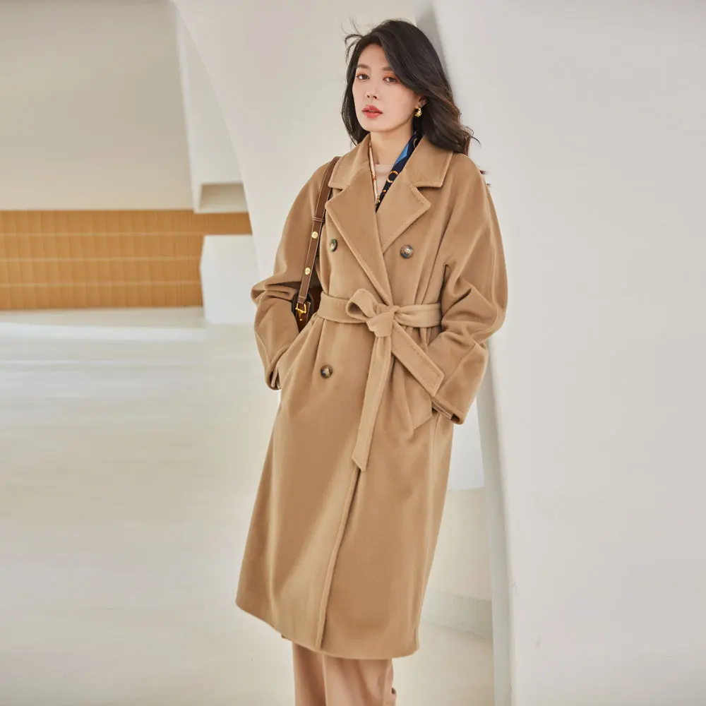 

2023 Winter Cashmere Coat Women Beige Loose Mid-length Wool Coat Female Autumn Camel Lace-up Double-Breasted Classic Style 13801