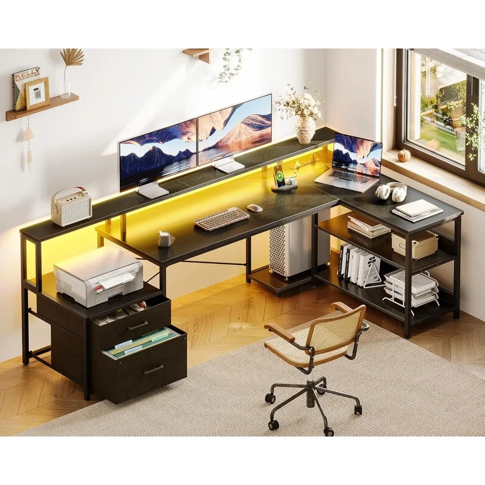"75-inch reversible l-shaped desk with file cabinet, power outlet, and led lighting for office storage solutions"
