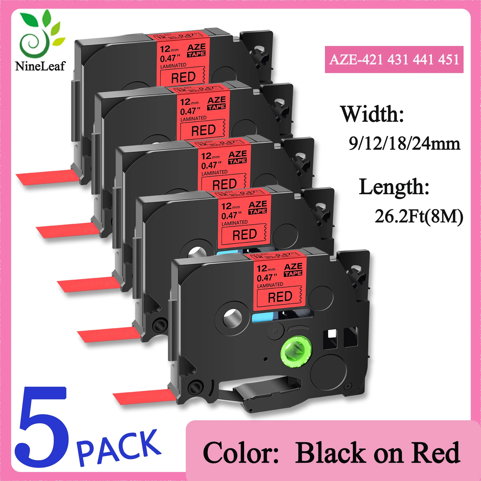 

5PK Label Tape Laminated Compatible Brother TZe-421 431 441 451 9/12/18/24mm Black on Red Cartridge Cassette For P-Touch PTD410